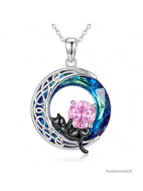 Black Cat Necklace 14K White Gold Plated Celtic Moon Pendant Cat Lover Gift